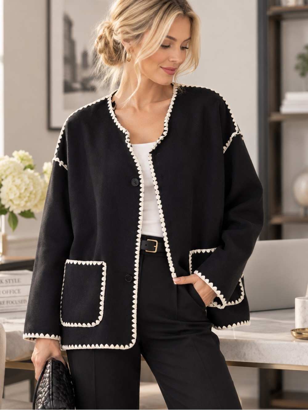 Commense Black Coatigan with White Crochet Trim
